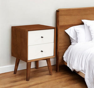 HomeRoots 26" Mid-Century Solid Wood Nightstand with Two Drawers & Open Shelf for Versatile Home Decor 399269