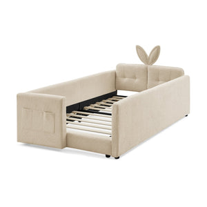 English Elm Twin Boucle Upholstered Kids Bed Whimsical Rabbit Ear Headboard with Safety Rail Camel W1413P407488