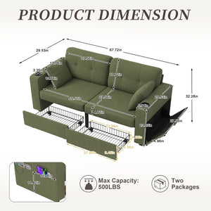 English Elm Sofas for Living Room Chenille Three Seat Couch with Usb Charging Storage and Cup Holder Olive W395S00146