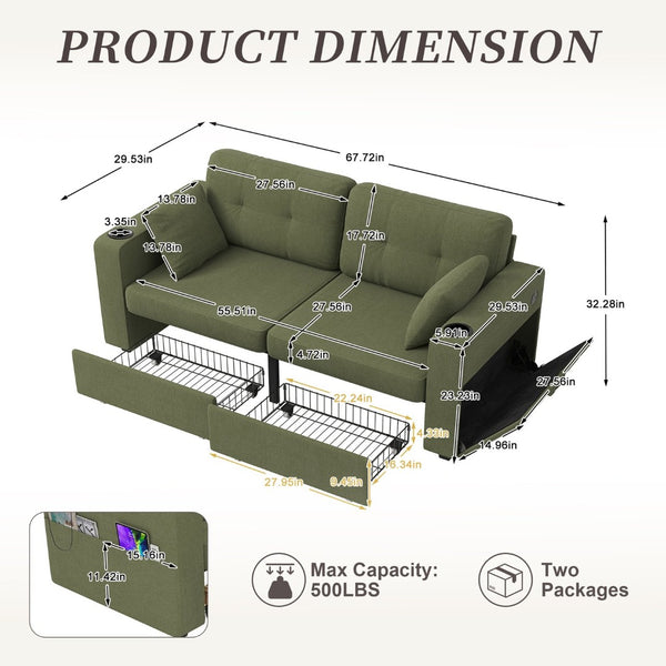 English Elm Sofas for Living Room Chenille Three Seat Couch with Usb Charging Storage and Cup Holder Olive W395S00146