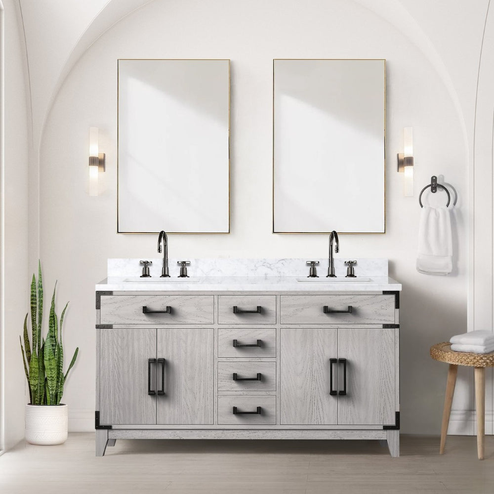 English Elm White Oak Double Bath Vanity 60" W X 22" D With Polished Carrara Marble Top & Ample Storage Solutions B2731P259866-GIGA