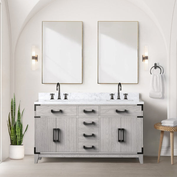 English Elm White Oak Double Bath Vanity 60" W X 22" D With Polished Carrara Marble Top & Ample Storage Solutions B2731P259866-GIGA