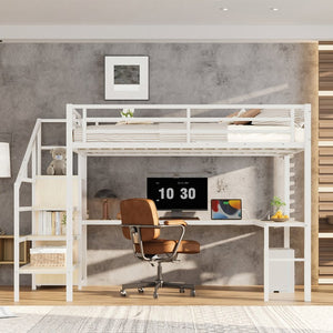 English Elm Queen Size Loft Bed With L-Shaped Desk, Usb Charging & Led Lights - Stylish Storage For All Spaces W1580S00181-GIGA