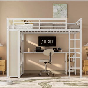 English Elm Queen Size Loft Bed Frame With Desk, Wardrobe & Storage Shelves – Stylish Space-Saving Solution! W1580S00179-GIGA