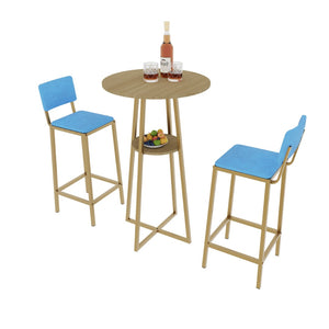 English Elm Bar Table and Chair Set Gold Frame Blue Velvet Cushions with Built-in Storage Shelf W3064P245389