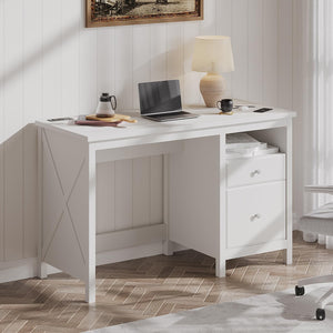 English Elm 47" Farmhouse Wood Writing Desk with Charging Station, 2 Drawers, Open Shelf & Ergonomic Workspace for Home Office and Vanity White T3771P355124