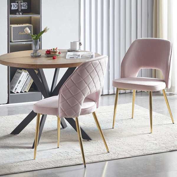 English Elm Pink Velvet Upholstered Dining Chairs with Gold Legs and Hollow Back Set of 2 W1164P271252