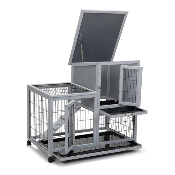 English Elm Detachable Two-tier Pine Rabbit Hutch with Rolling Casters and Removable Waste Trays White+Gray W2181P190614