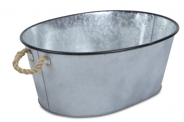 Homeroots 24" Silver Metal Oval Bucket With Rope Handles  Steel 399667