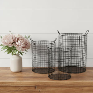 HomeRoots Set of Three Black Metal Baskets – Stylish Storage Solution for Home Office or Rustic Decor Organization 399672