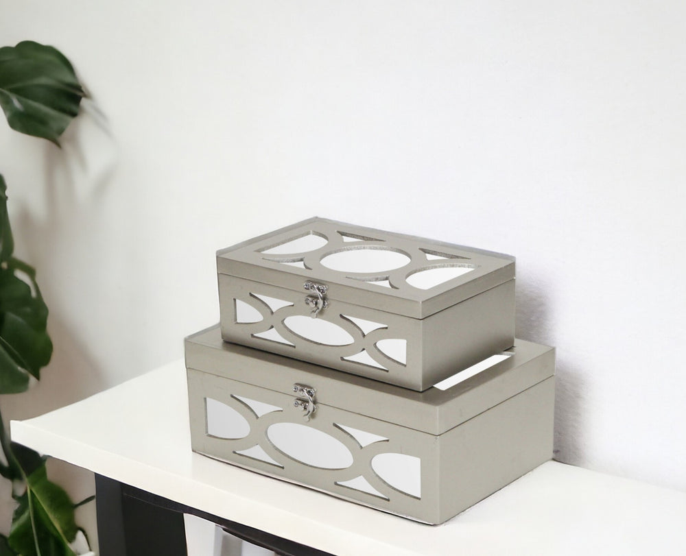 Homeroots Set Of Two Tan Oval Scroll Mirror Jewelry Storage Boxes  Manufactured Wood 399673