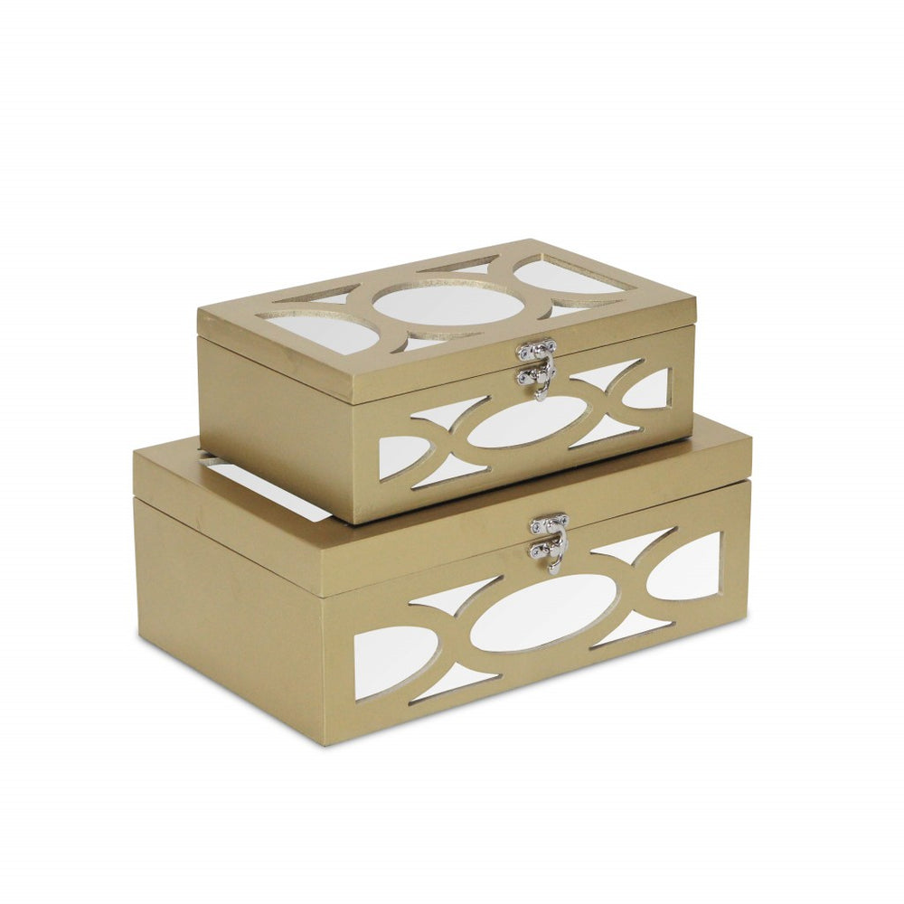 Homeroots Set Of Two Gold Oval Scroll Mirror Jewelry Storage Boxes  Manufactured Wood 399674