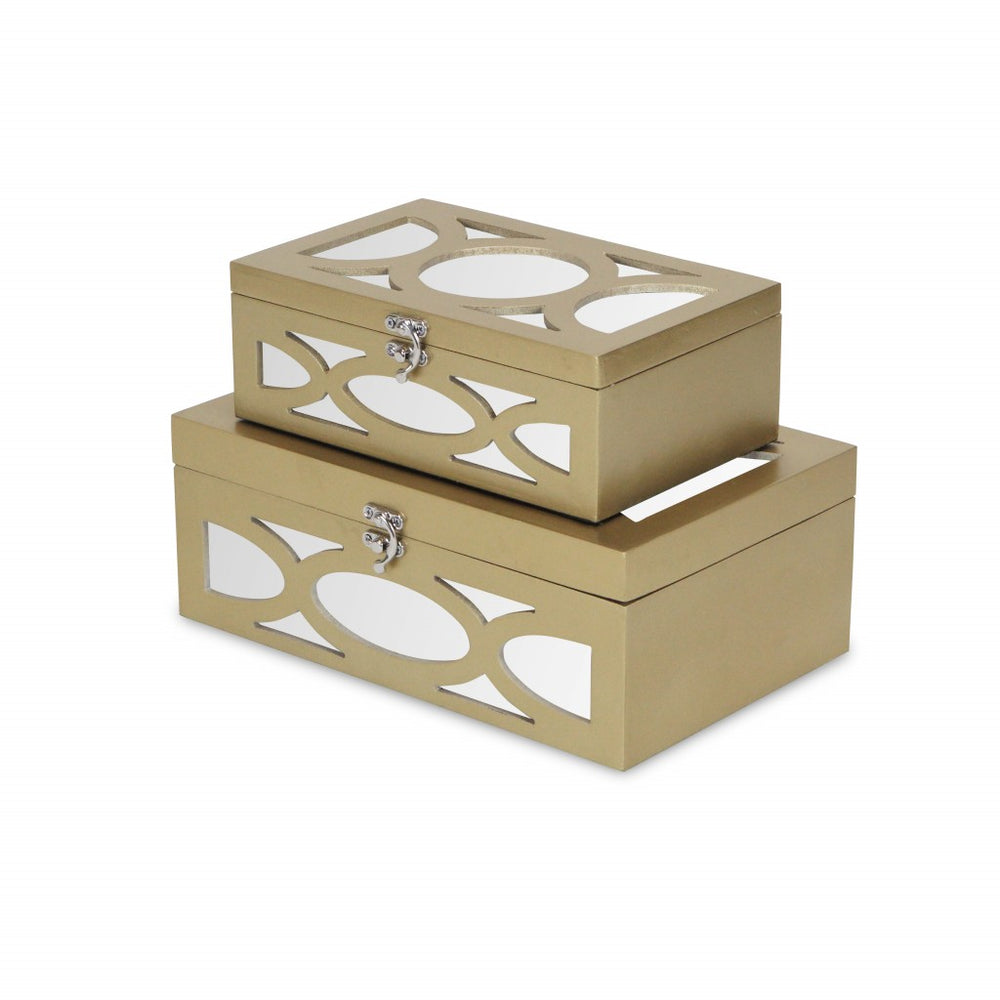 Homeroots Set Of Two Gold Oval Scroll Mirror Jewelry Storage Boxes  Manufactured Wood 399674