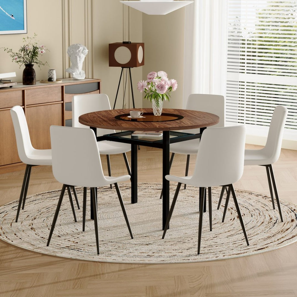 English Elm Table Set 42 Inch Round Wood Grain Mdf with Glass Inlay and 4 Ergonomic Chairs Brown+Black,White W1151S04488