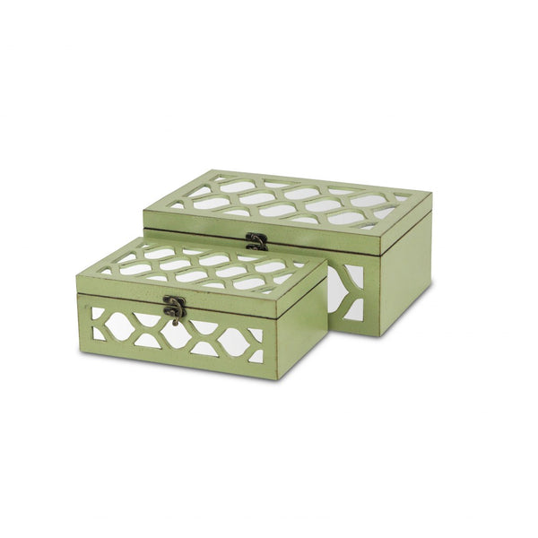 Homeroots Set Of Green Quatrefoil Mirror Jewelry Storage Boxes  Solid Wood 399681