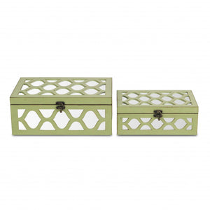 Homeroots Set Of Green Quatrefoil Mirror Jewelry Storage Boxes  Solid Wood 399681