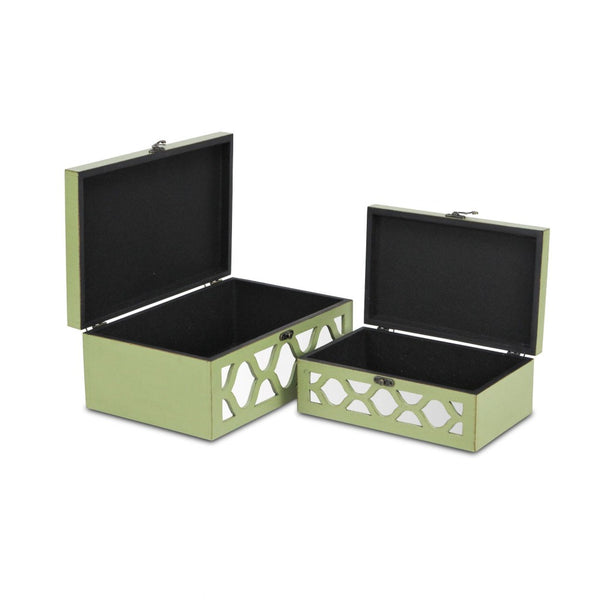 Homeroots Set Of Green Quatrefoil Mirror Jewelry Storage Boxes  Solid Wood 399681