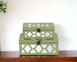 Homeroots Set Of Green Quatrefoil Mirror Jewelry Storage Boxes  Solid Wood 399681