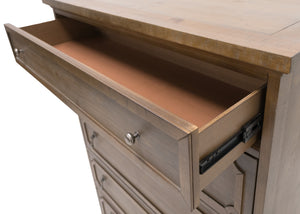 English Elm Wallace & Bay - Taupe Rustic 5-Drawer Chest in Sandstone Buff Finish — Spacious, Low-Maintenance Wood Storage, 60"H B361P384432