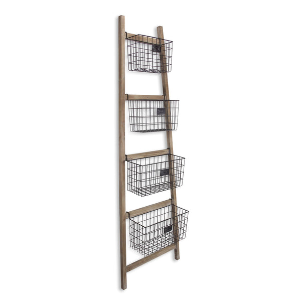 Homeroots Wooden Ladder Storage Piece With 4 Baskets  Wood 399700