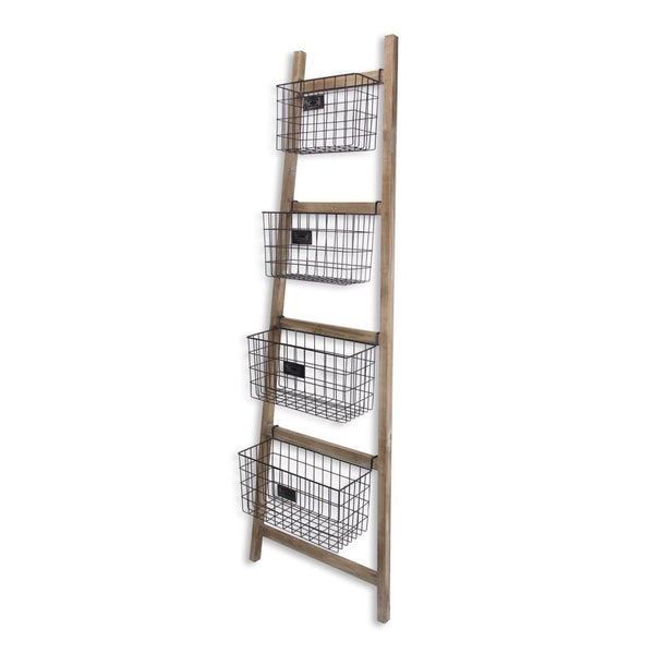 Homeroots Wooden Ladder Storage Piece With 4 Baskets  Wood 399700