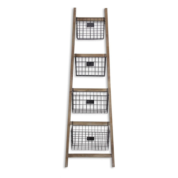 Homeroots Wooden Ladder Storage Piece With 4 Baskets  Wood 399700