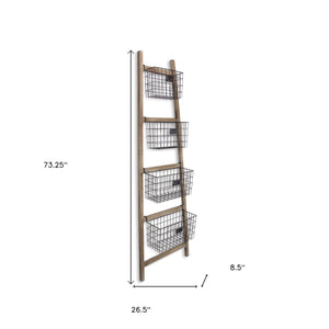 Homeroots Wooden Ladder Storage Piece With 4 Baskets  Wood 399700