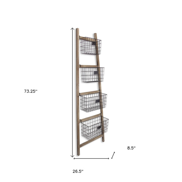 Homeroots Wooden Ladder Storage Piece With 4 Baskets  Wood 399700