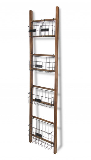 Homeroots 63" Natural And Black Wood And Metal Storage Shelf With Metal Baskets  Wood And Metal 399701