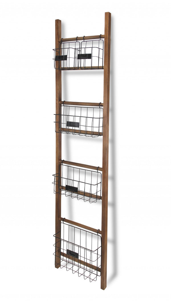 Homeroots 63" Natural And Black Wood And Metal Storage Shelf With Metal Baskets  Wood And Metal 399701