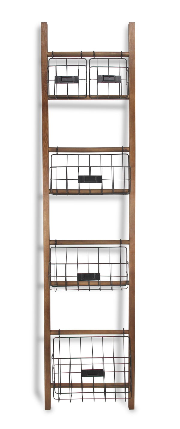 Homeroots 63" Natural And Black Wood And Metal Storage Shelf With Metal Baskets  Wood And Metal 399701