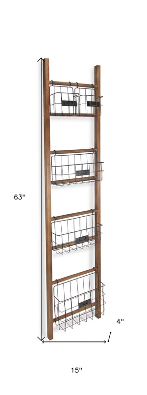 Homeroots 63" Natural And Black Wood And Metal Storage Shelf With Metal Baskets  Wood And Metal 399701