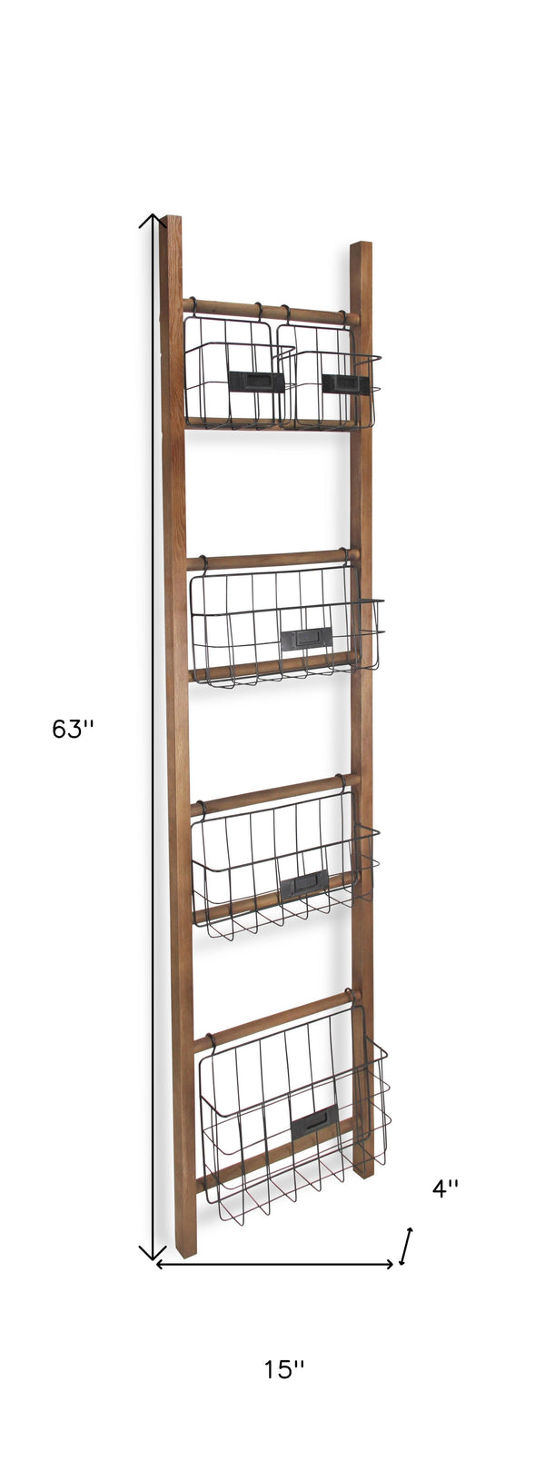 Homeroots 63" Natural And Black Wood And Metal Storage Shelf With Metal Baskets  Wood And Metal 399701