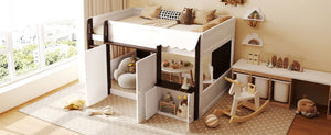 English Elm Twin House Loft Bed with Pull Out Rolling Desk Stair Drawers and Cabinet Storage Espresso+White N820S00074P