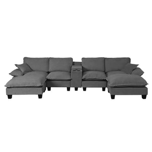 English Elm Modular Cloud Sofa U-shape Chenille Sectional with Storage Usb Charging Ottomans Grey W3163S00124