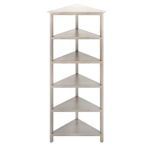Homeroots 75" Gray Solid Wood Five Tier Corner Bookcase   399765
