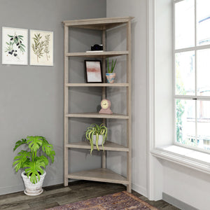 Homeroots 75" Gray Solid Wood Five Tier Corner Bookcase   399765