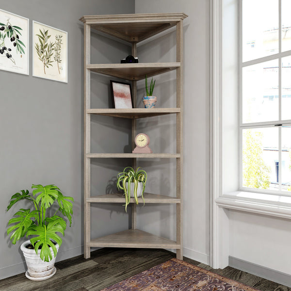 Homeroots 75" Gray Solid Wood Five Tier Corner Bookcase   399765