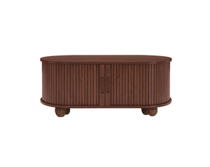 English Elm Coffee Table with Sliding Door Storage Dark Walnut Low Profile Modern Living Room W688P339193