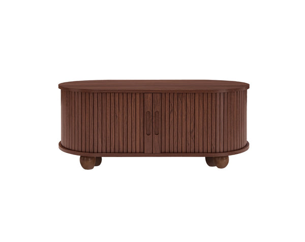 English Elm Coffee Table with Sliding Door Storage Dark Walnut Low Profile Modern Living Room W688P339193
