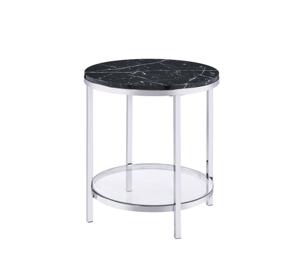 English Elm Virlana Faux Black Marble Top End Table with Chrome Finish, Tempered Glass Shelf, Modern Accent B2726P270973