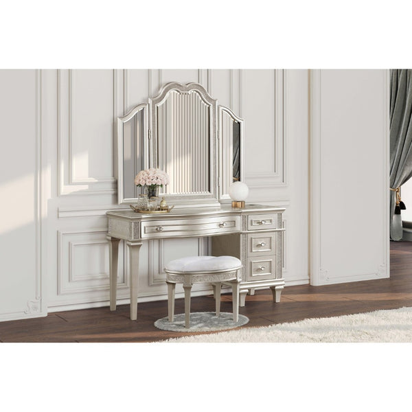 English Elm Colwood Ivory Chenille Oval Vanity Stool with Crystal Trim and Silver Oak Tapered Legs B062P441148