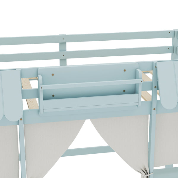 English Elm Twin Loft Bed Cottage-Style Playhouse with Built-In Bookshelf, Curtain & Storage, Safe Guardrails Light Blue W1580S00357