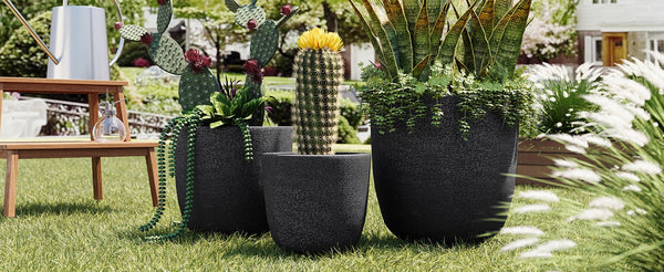 English Elm U_style Mgo Round Planters Set of Three Crackle Stone Texture Patio Garden Pots N711P406670B