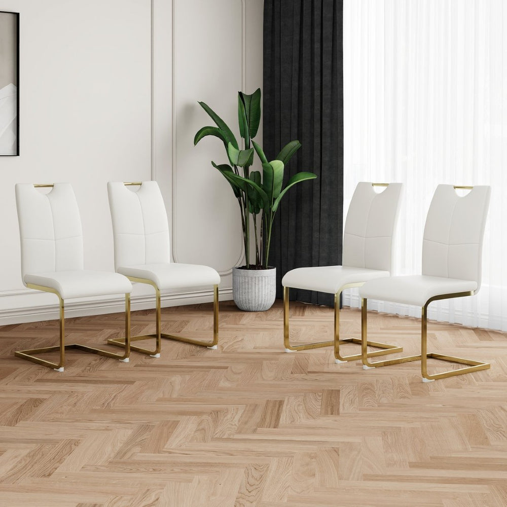English Elm Modern Faux Leather Dining Side Chairs with Chrome Legs Ergonomic Set of 2 White+Gold W210127295