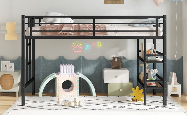 English Elm Twin Metal Loft Bed With Storage Shelf, Safe Climbing Ladder, Guardrails & Space-Saving Design For Kids W1580P309652-GIGA