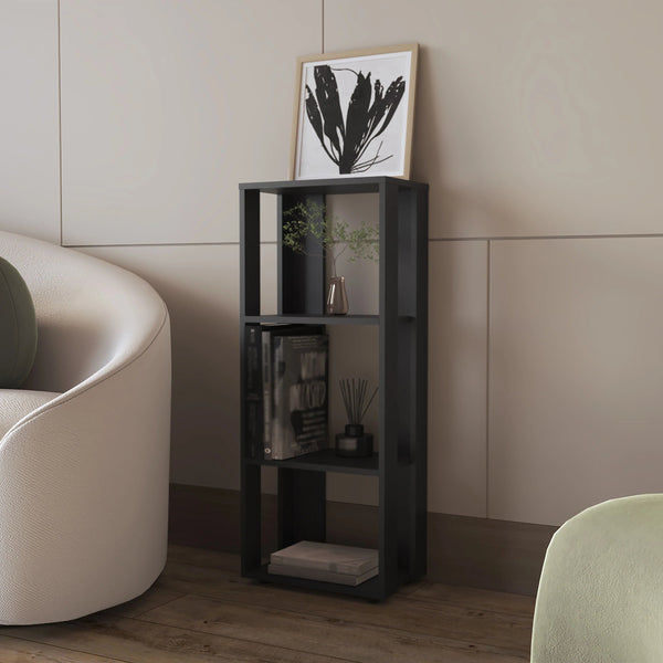 English Elm Wenge Modern Three-Shelf Bookcase in Melamine Finish — Slim Open Storage, Bold Wenge Style, 39.4" H B062P290266
