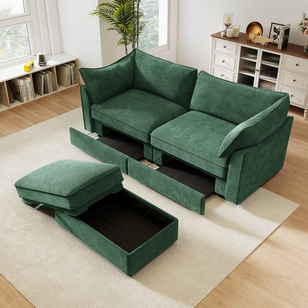 English Elm 2 Seater Sofa With Movable Ottoman & Hidden Storage Drawers – Modern Chenille Green Design For Small Spaces W3041S00183