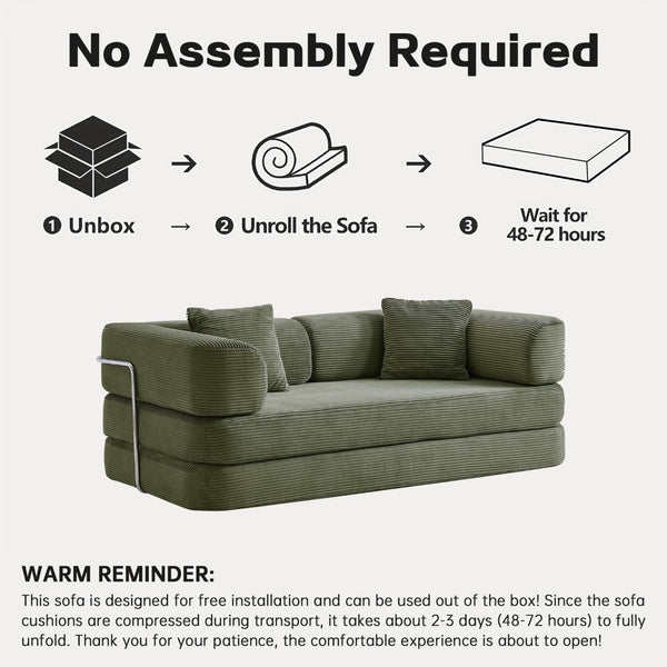 English Elm Floor Sofa Bed Modular Corduroy Convertible Lounge with Steel Frame for Living Room Antique Green W3565P397194