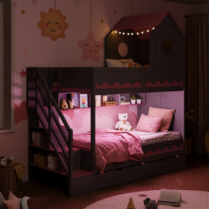 English Elm Twin Over Kids Bunk Bed with Castle Roofline Led Lights and Staircase Storage Gray N820S00068E